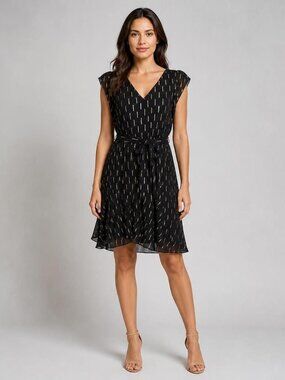 White House Black Market Black Midi Dress with Gold Accent Print, Size 12